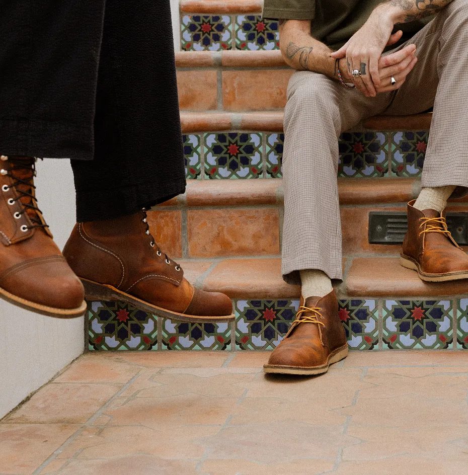 Red Wing boots worn, lifestyle shot