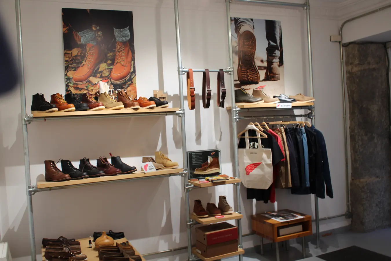 Red Wing wall with boots, belts and apparel in our Madrid showroom