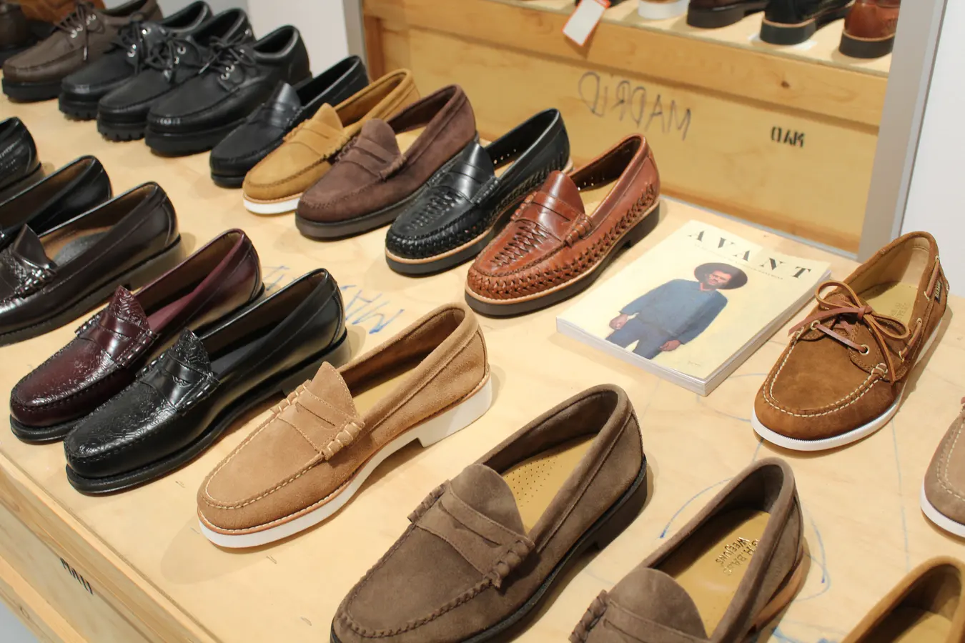 G.H. Bass loafers and moccasins on a display crate in our Madrid showroom