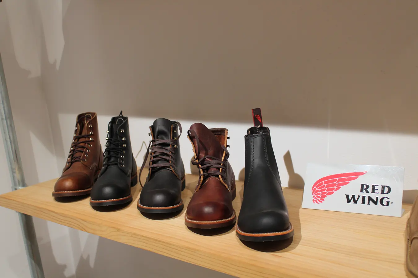 Red Wing boots on a shelf in our Madrid showroom