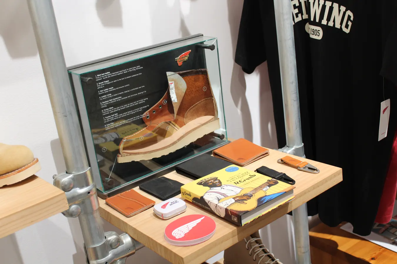 Red Wing Moc Toe display with leather accessories in our Madrid showroom